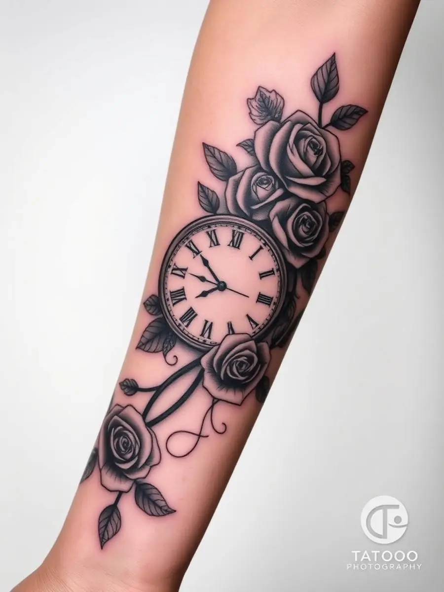 Uhr & Rosen Underarm Tattoo